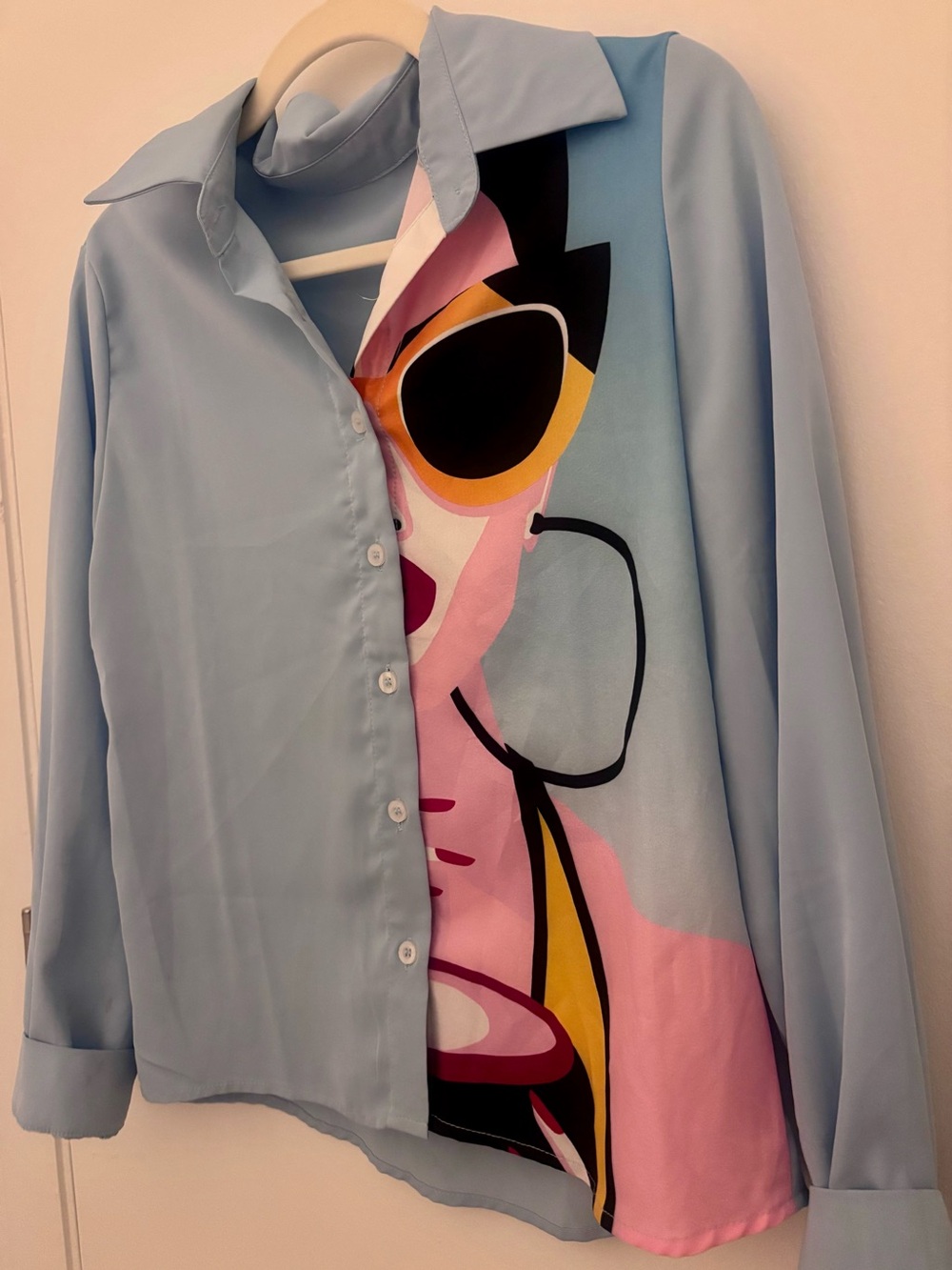 Light Blue Pop-Art Print Button-Up Women's Blouse